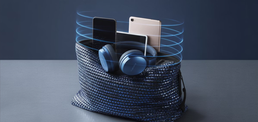 Headphones, cell phones are inside of a faraday bag