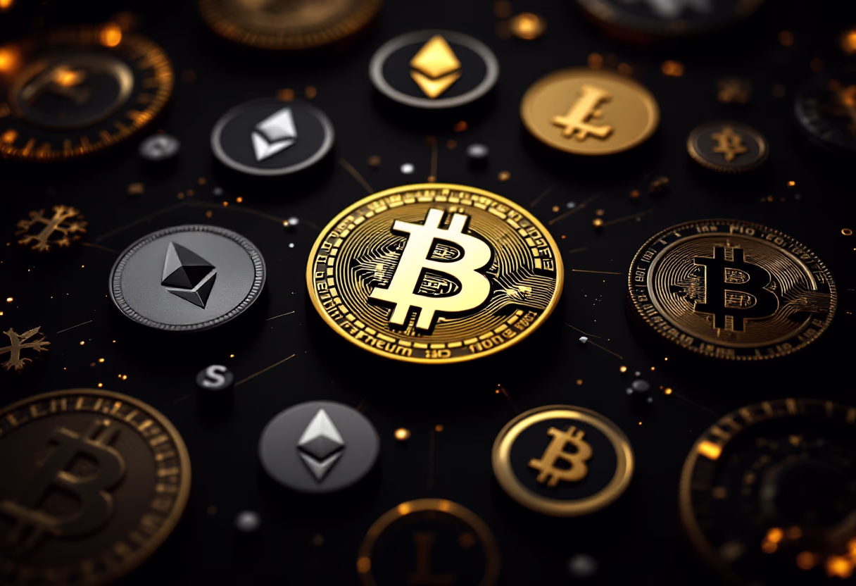 [digital project] image of digital currency symbols for a blockchain and cryptocurrency company