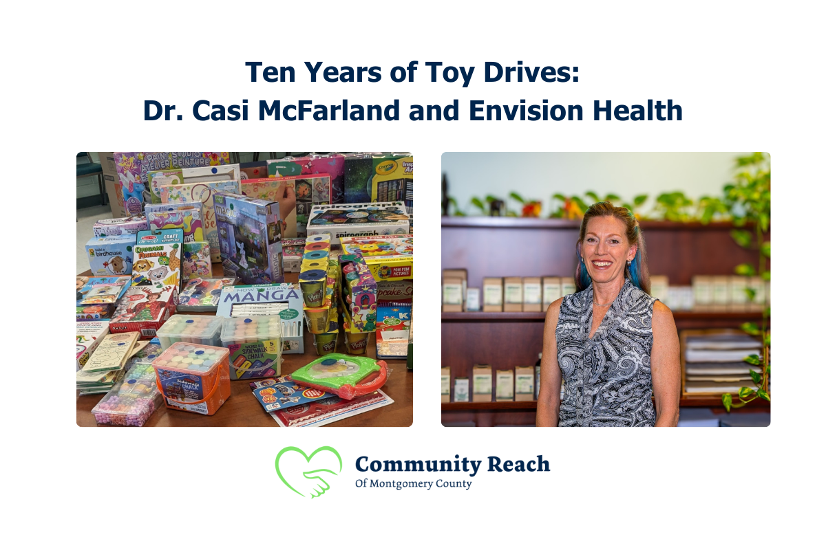Image of Dr. Casi and toys donated for Holiday Giving
