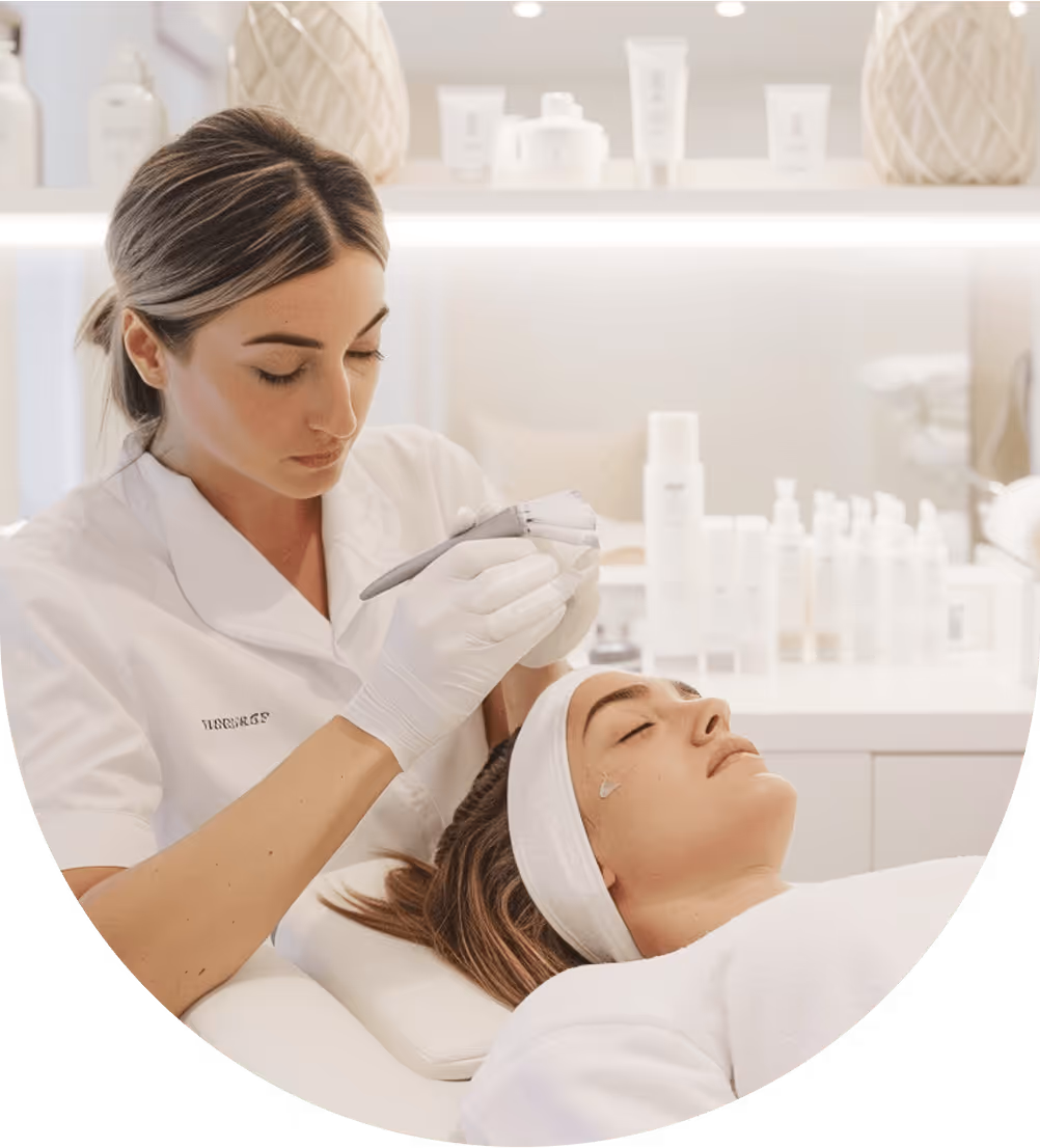 Woman receiving facial treatment at medical spa in bright white room