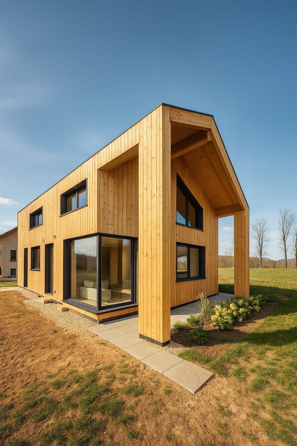 casa moderna construida en madera rodeada de un amplio jardín.
