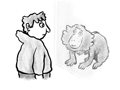 Illustration of a young person looking at their reflection and it's an animal or monster