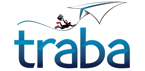 Traba logo with monkey flying with flip flops
