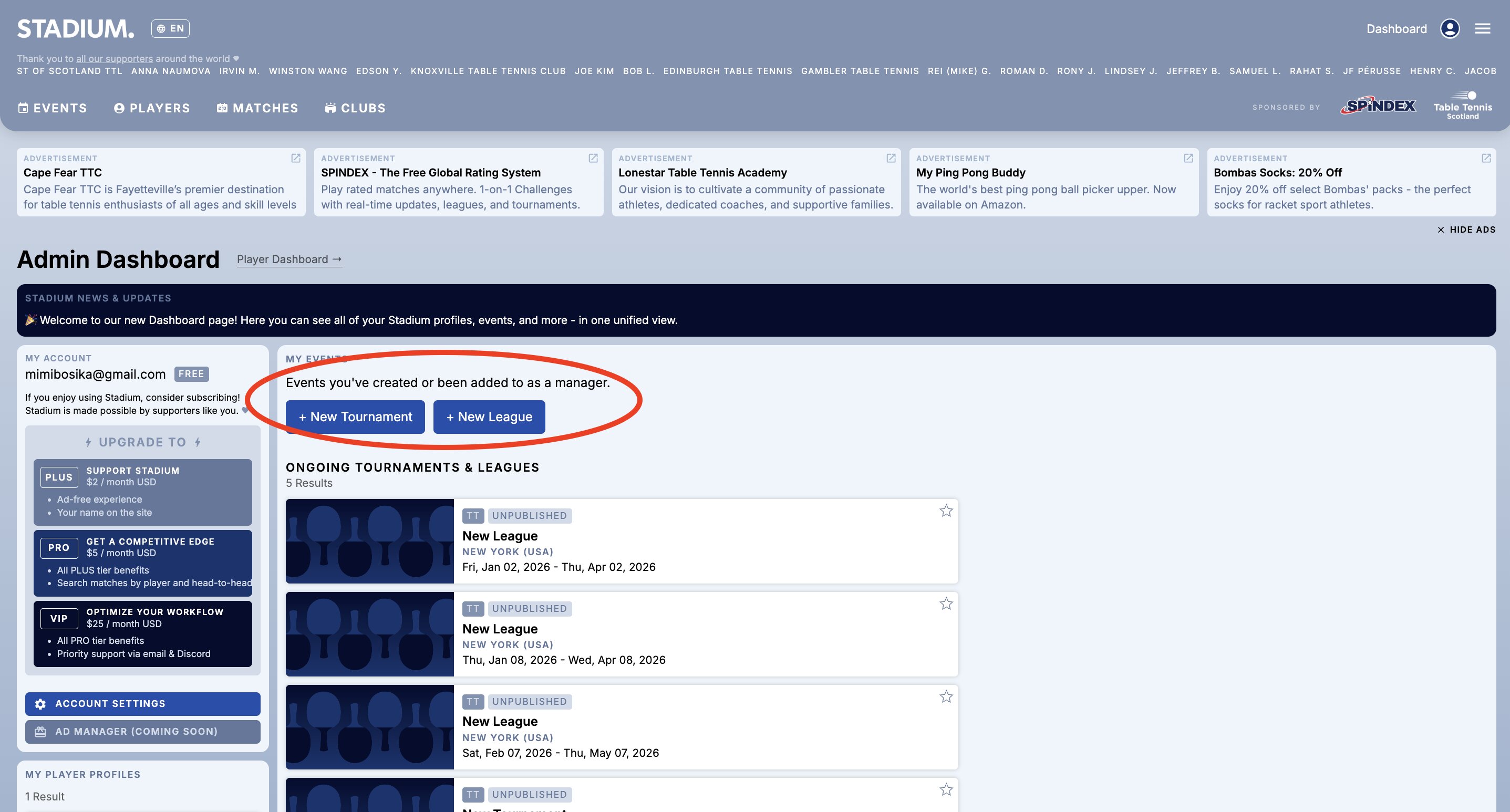 Create a league or tournament