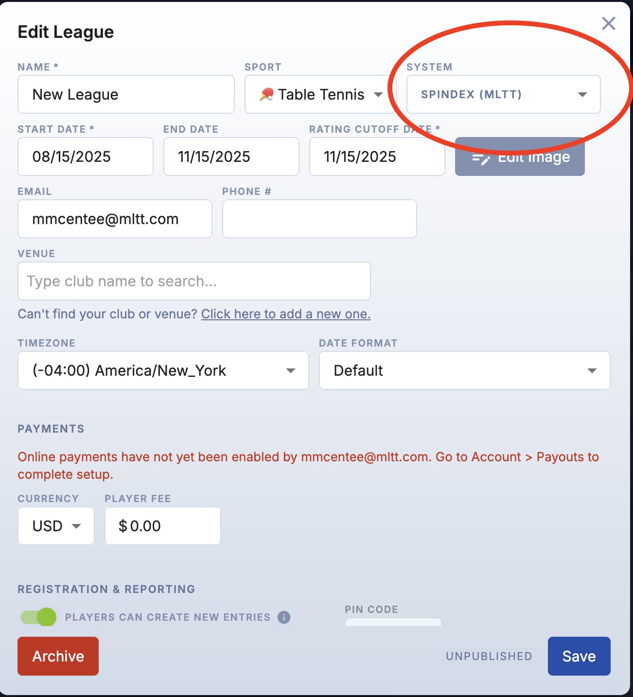 Select SPINDEX as your rating system