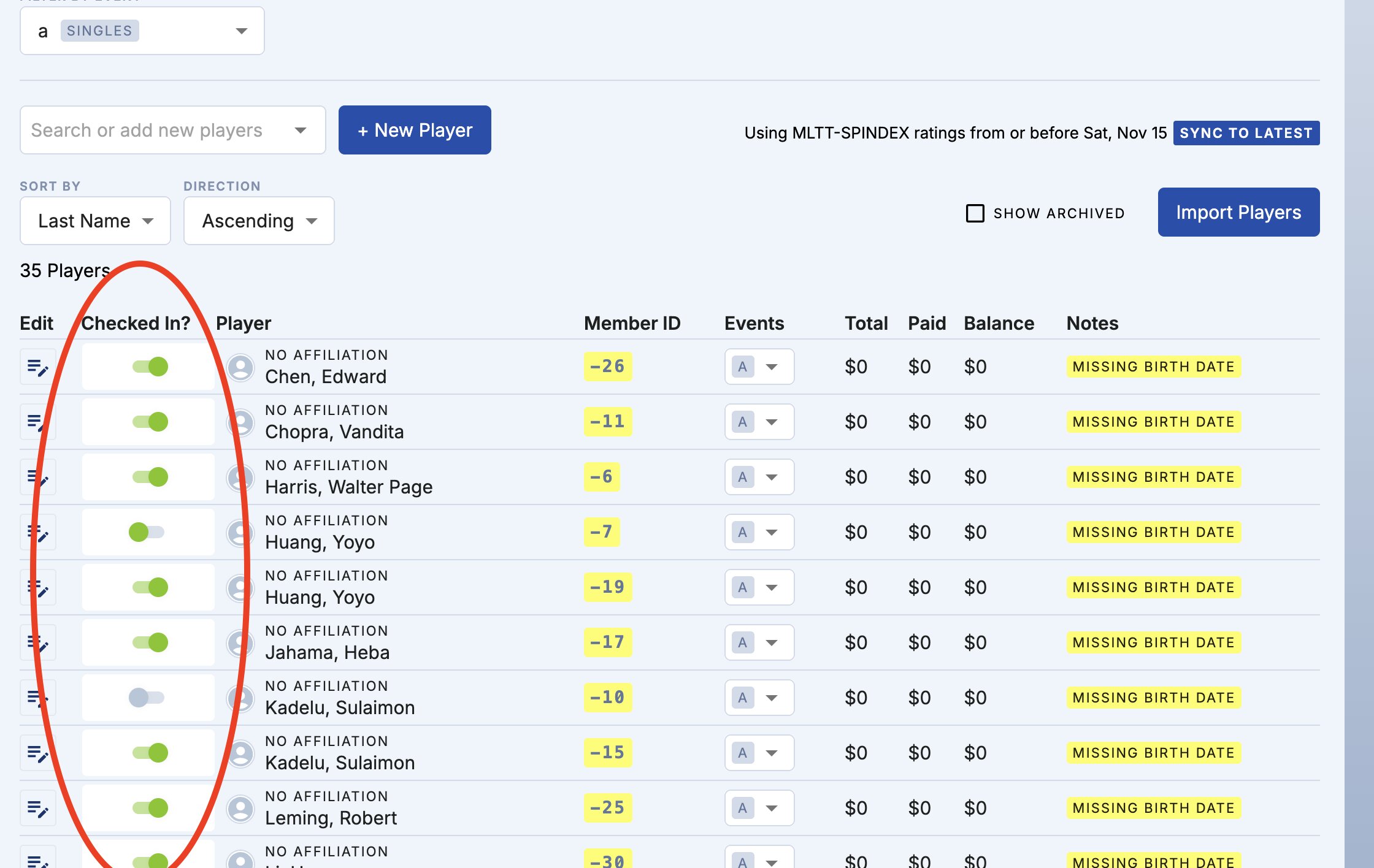 Check in competitors