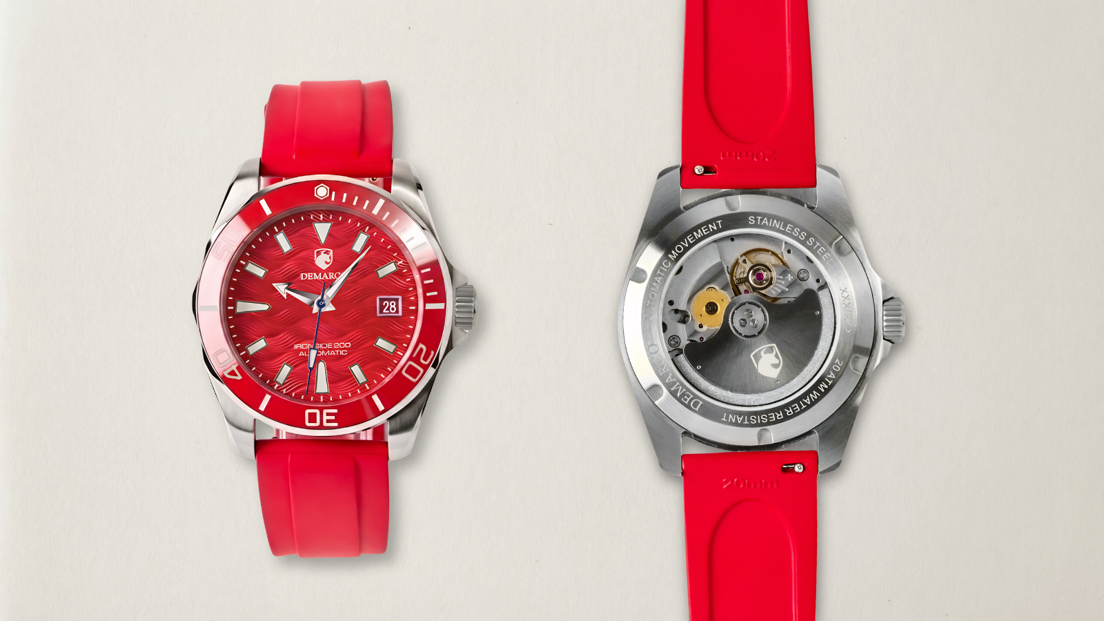 A red dialled DeMarco chronograph on a red rubber strap, shown beside the same watch from the back