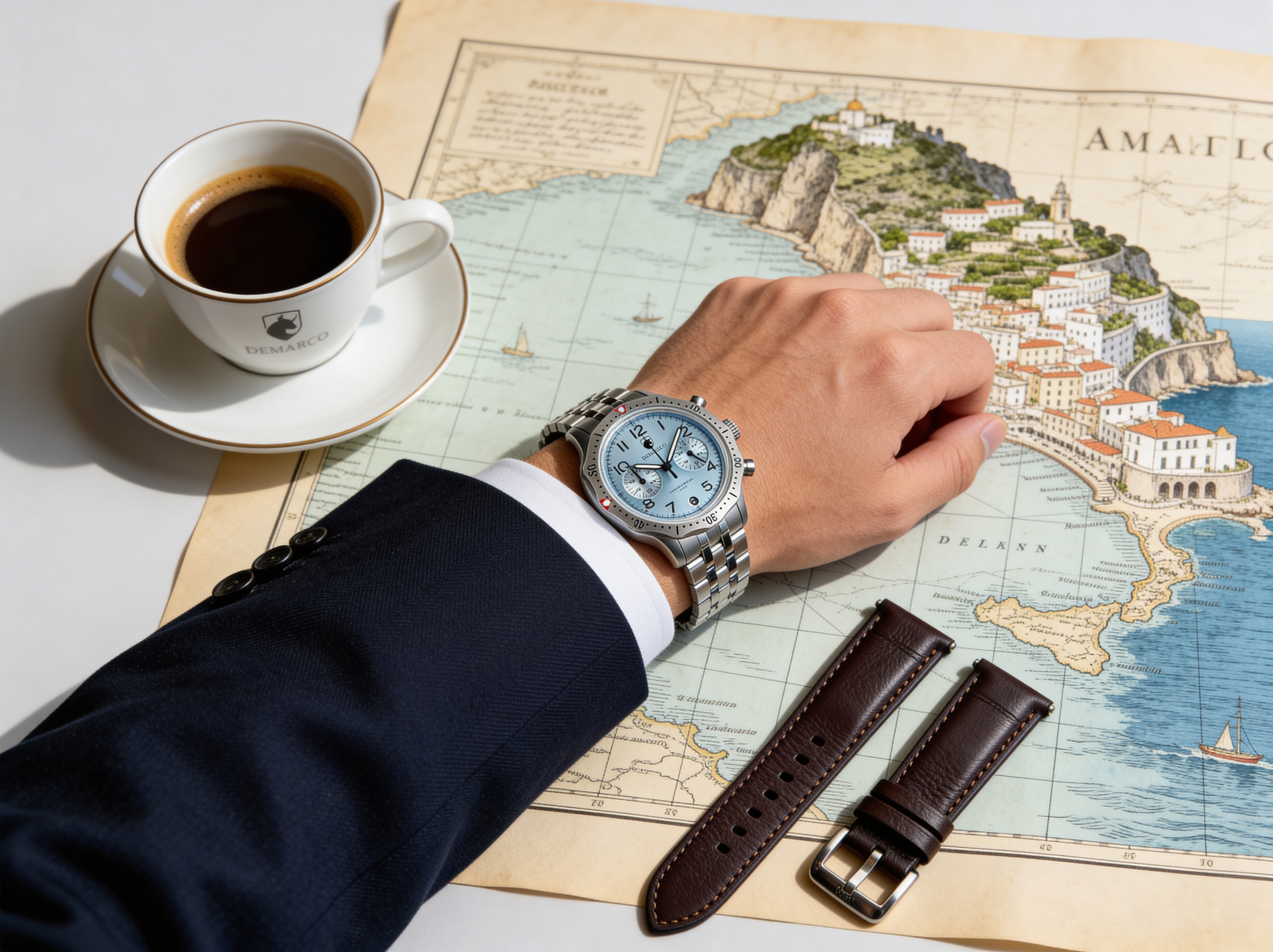 A DeMarco watch worn with a suit sleeve, beside an espresso cup and a brown leather strap on a vintage map of the Amalfi coast
