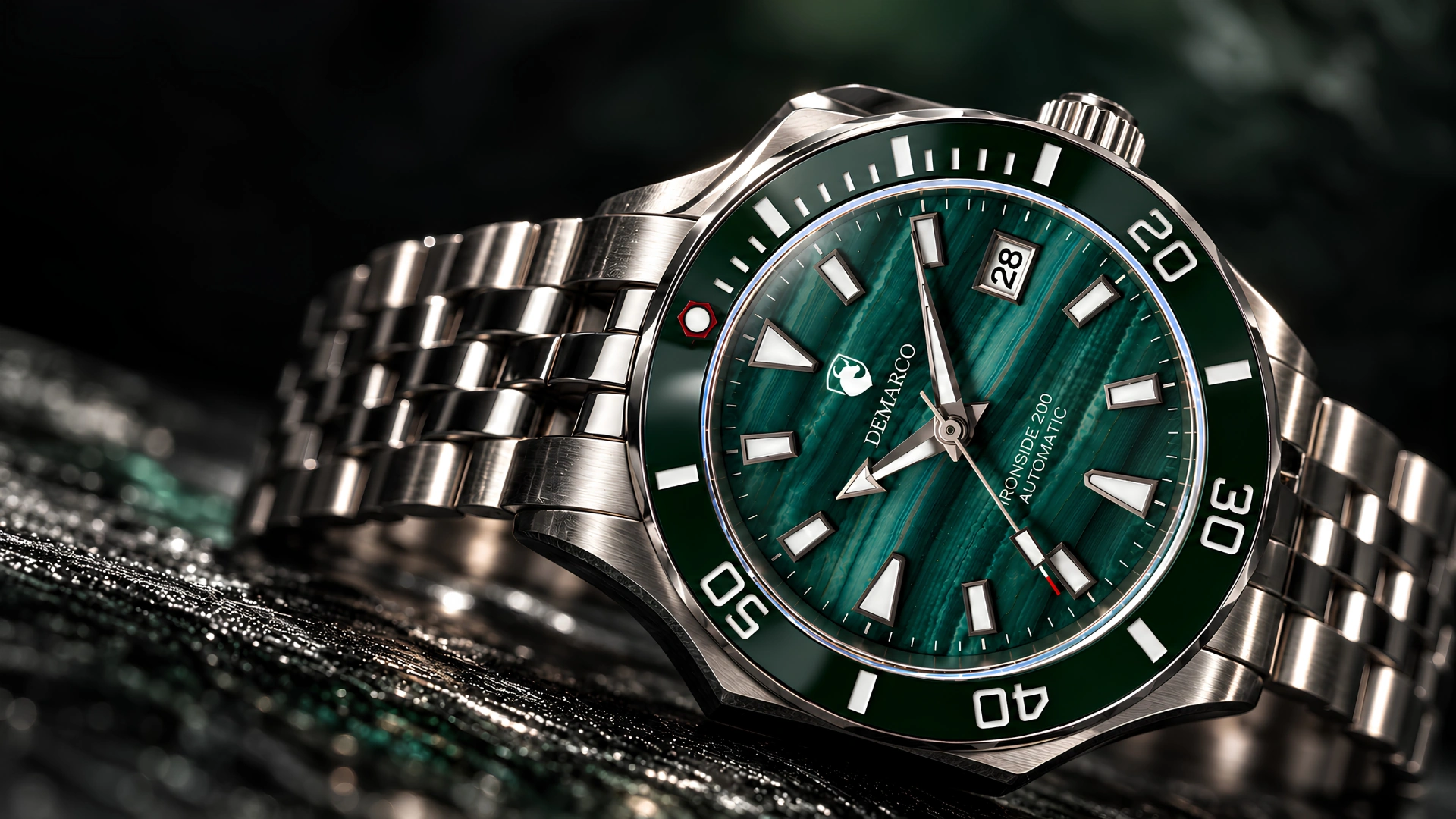 The DeMarco Ironside 200 Malachite with a banded green stone dial and a green ceramic bezel on a steel bracelet, resting on dark rock