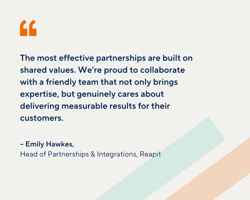 Graphic featuring a testimonia from Emily Hawkes, Head of Partnerships and Integrations Reapit, about her experience with RealtyAssist