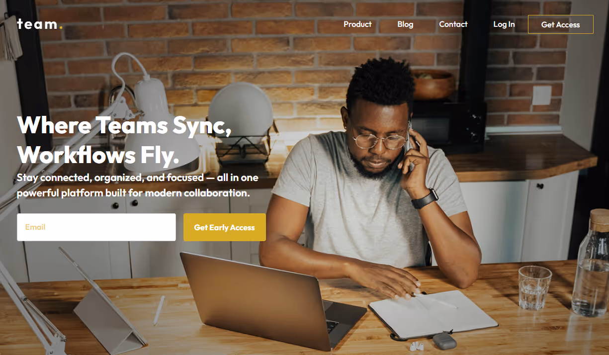 homepage of concept website of a team app. To bring work teams together.