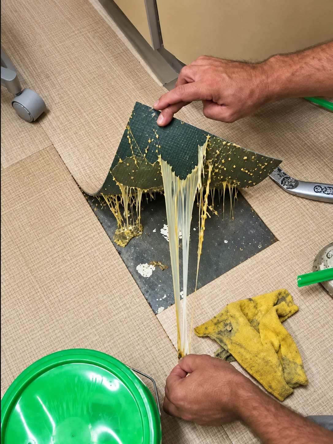 Vinyl flooring peeled back from a wet slab, with the adhesive softened by moisture and stretching into strings