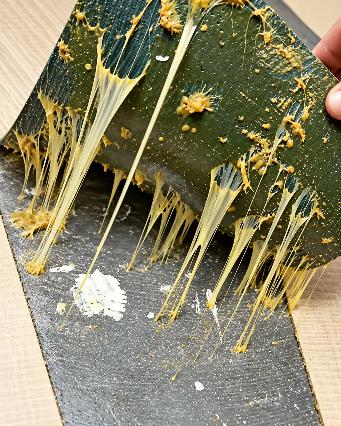 Close-up of flooring adhesive turned soft and stringy by slab moisture under a vinyl floor
