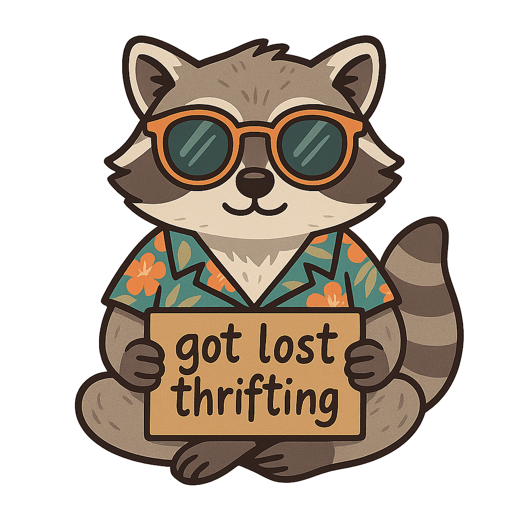 A cute racoon in sunglasses holding a got lost thrifting sign
