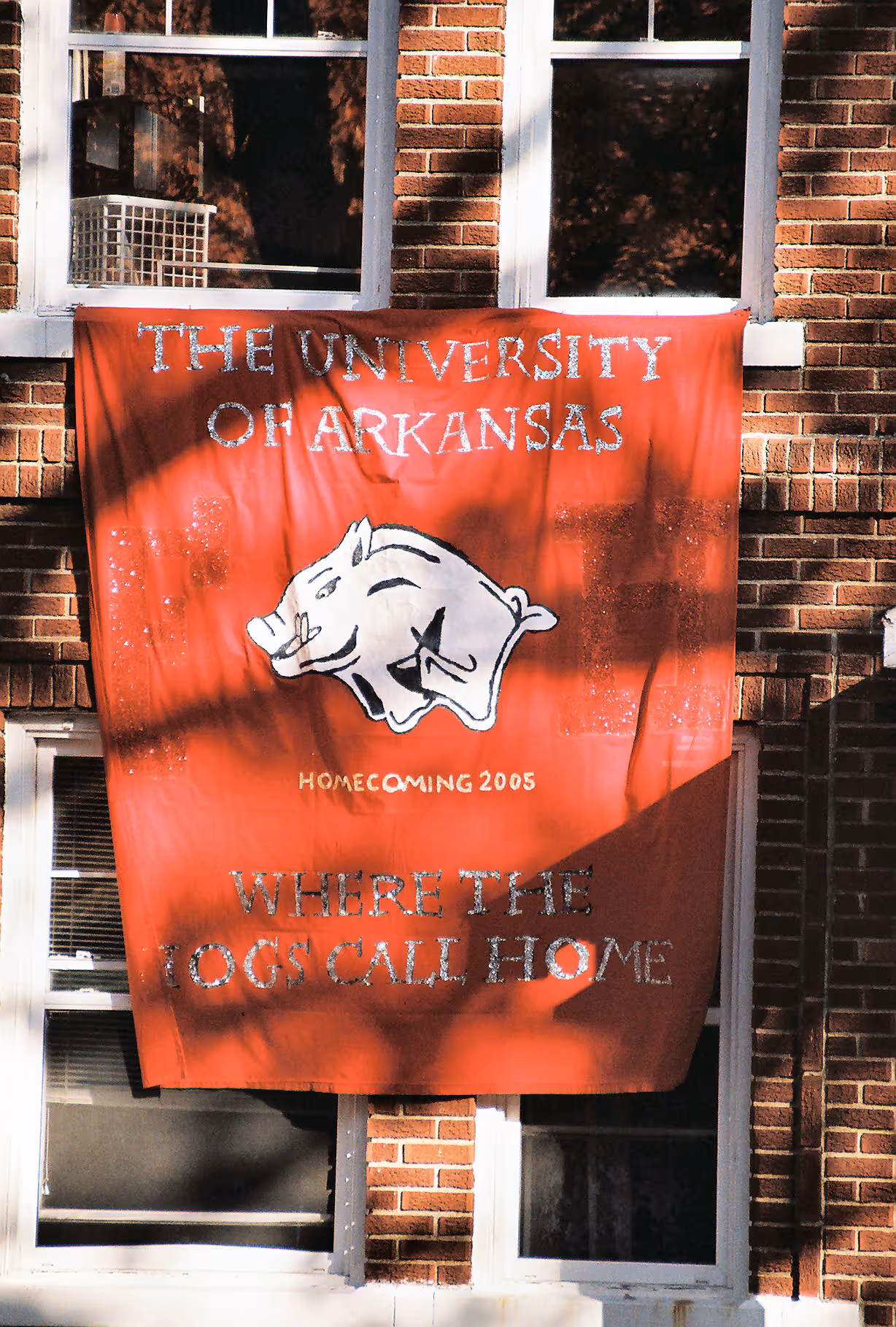 A photo of an Arkansas Razorback banner.
