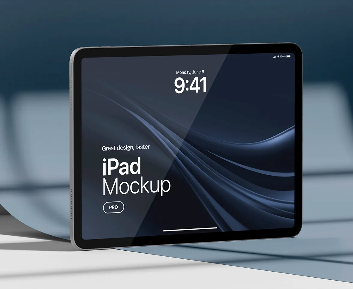 Tablet mockup with iPad screen showing dark abstract wallpaper.