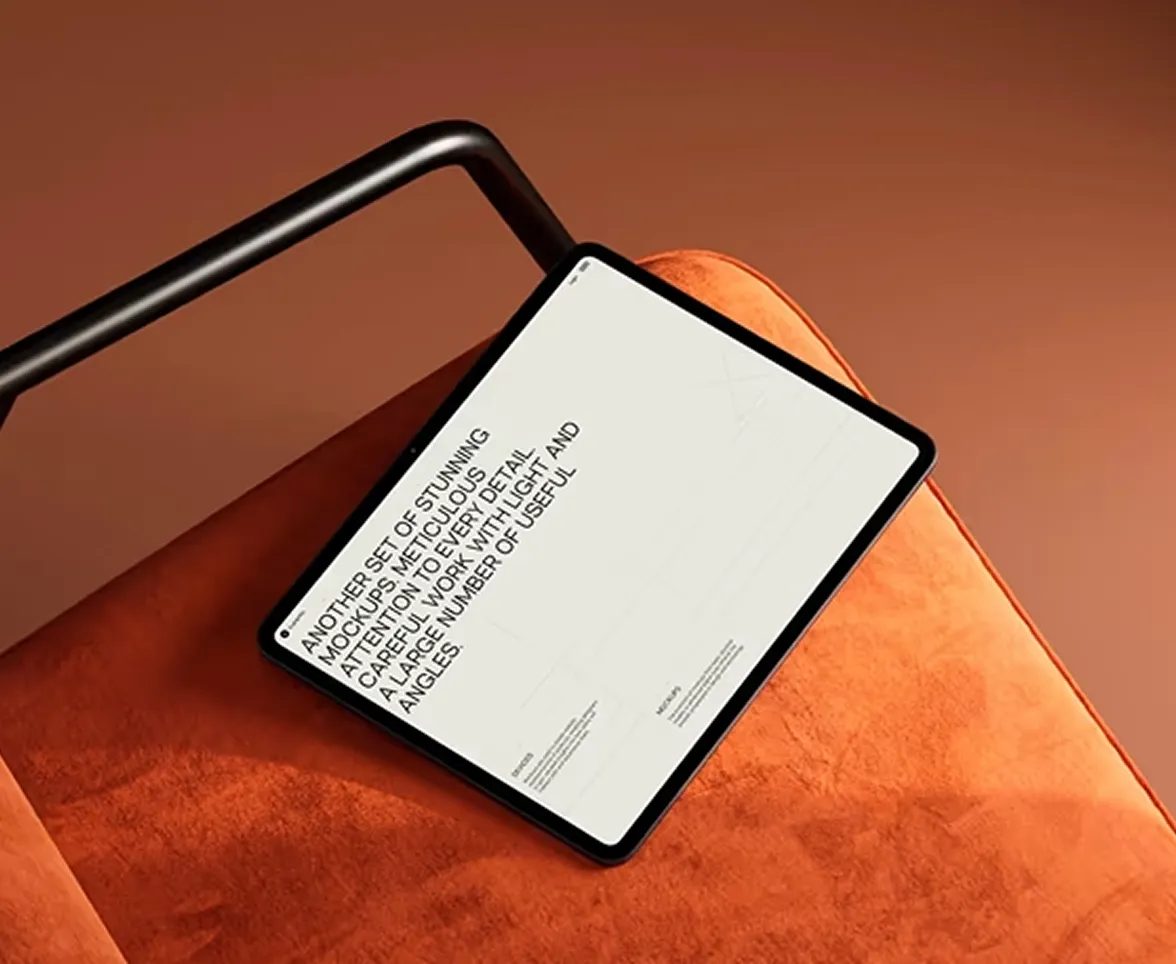 Tilted smartphone mockup on orange background with text content.