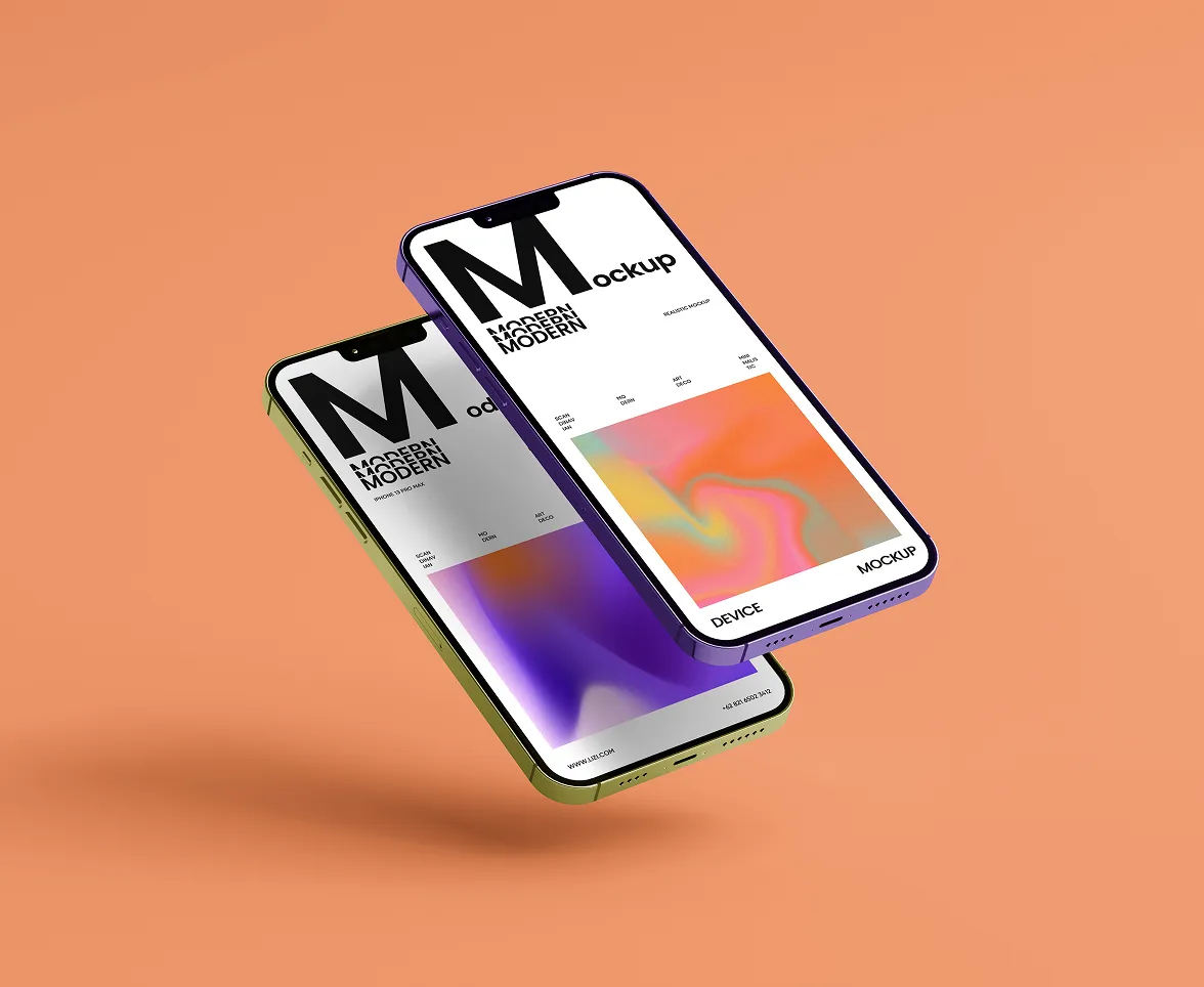 Floating smartphone mockups with magazine-style cover on orange background.