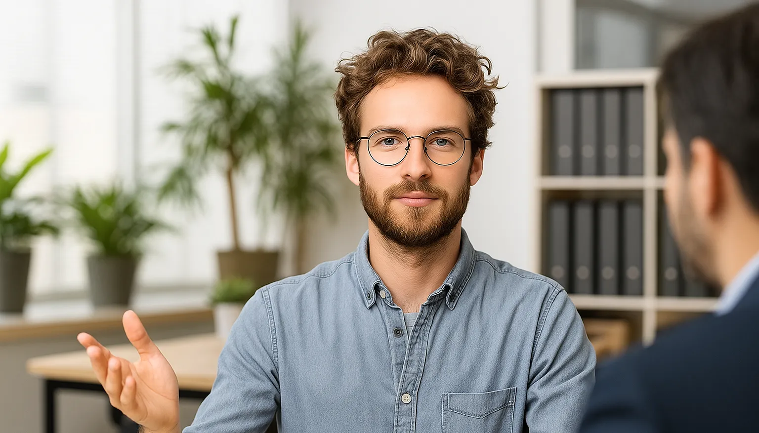 Man with glasses speaking during a meeting in a bright office.