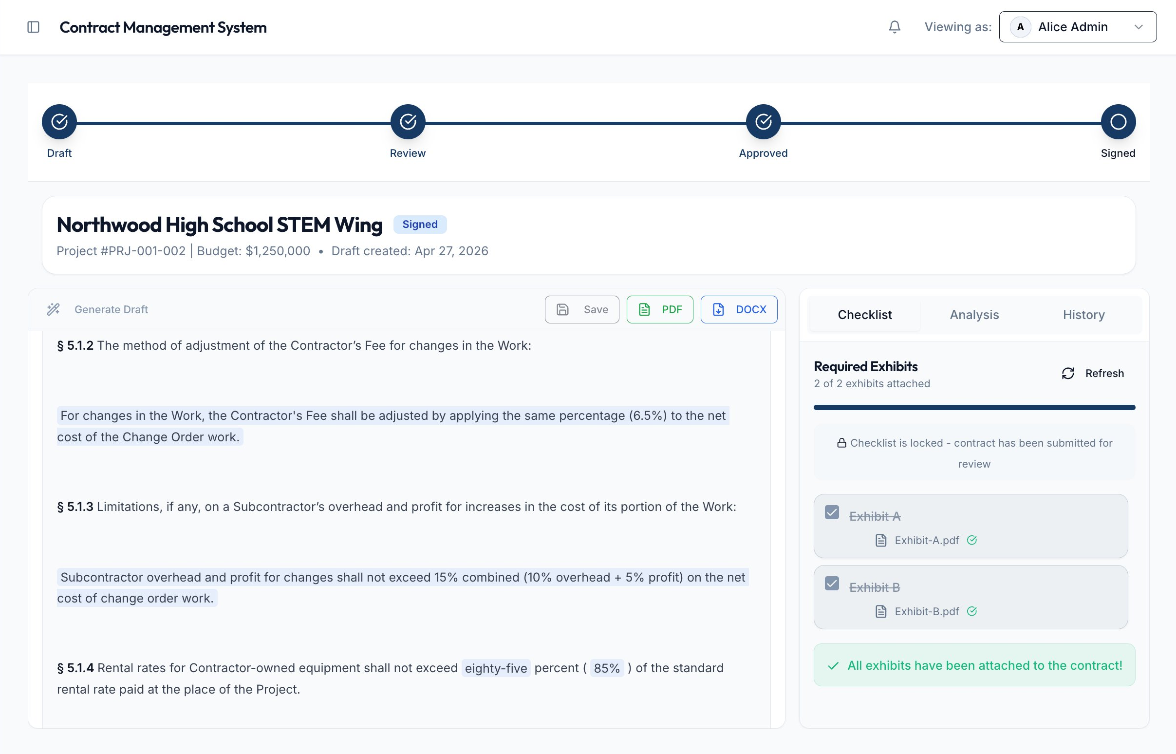Signed contract view showing the workflow stages from draft to signed, contract clauses, and required exhibits attached
