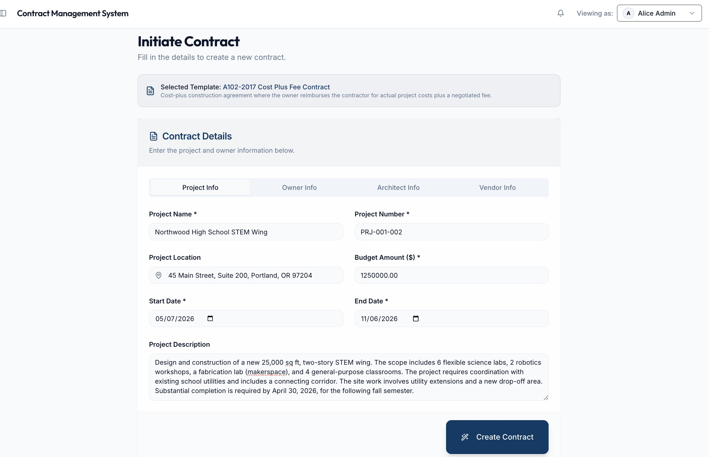 Initiate Contract form with project name, number, location, budget, dates, and project description fields