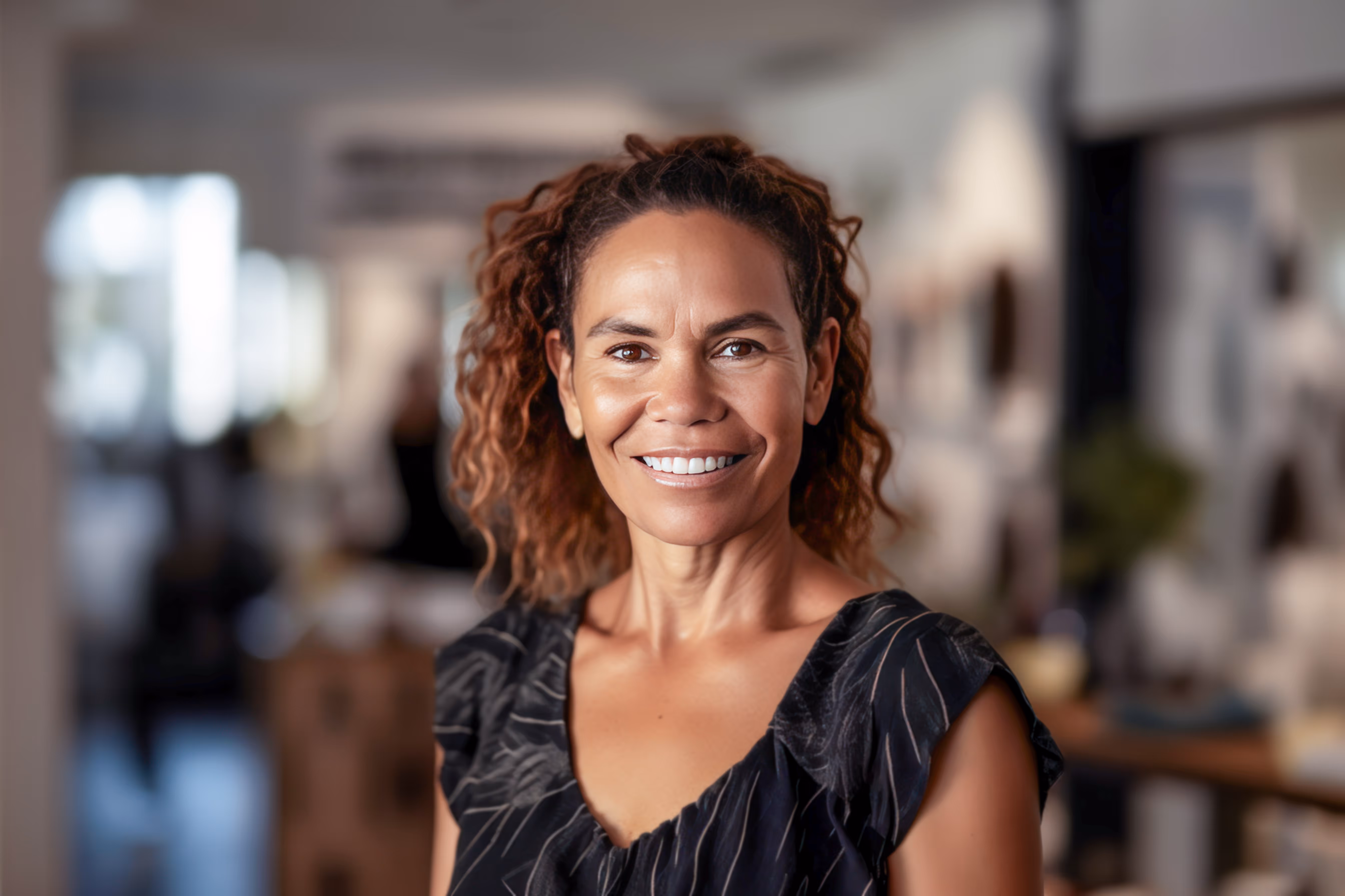 Aboriginal woman in office clothing.