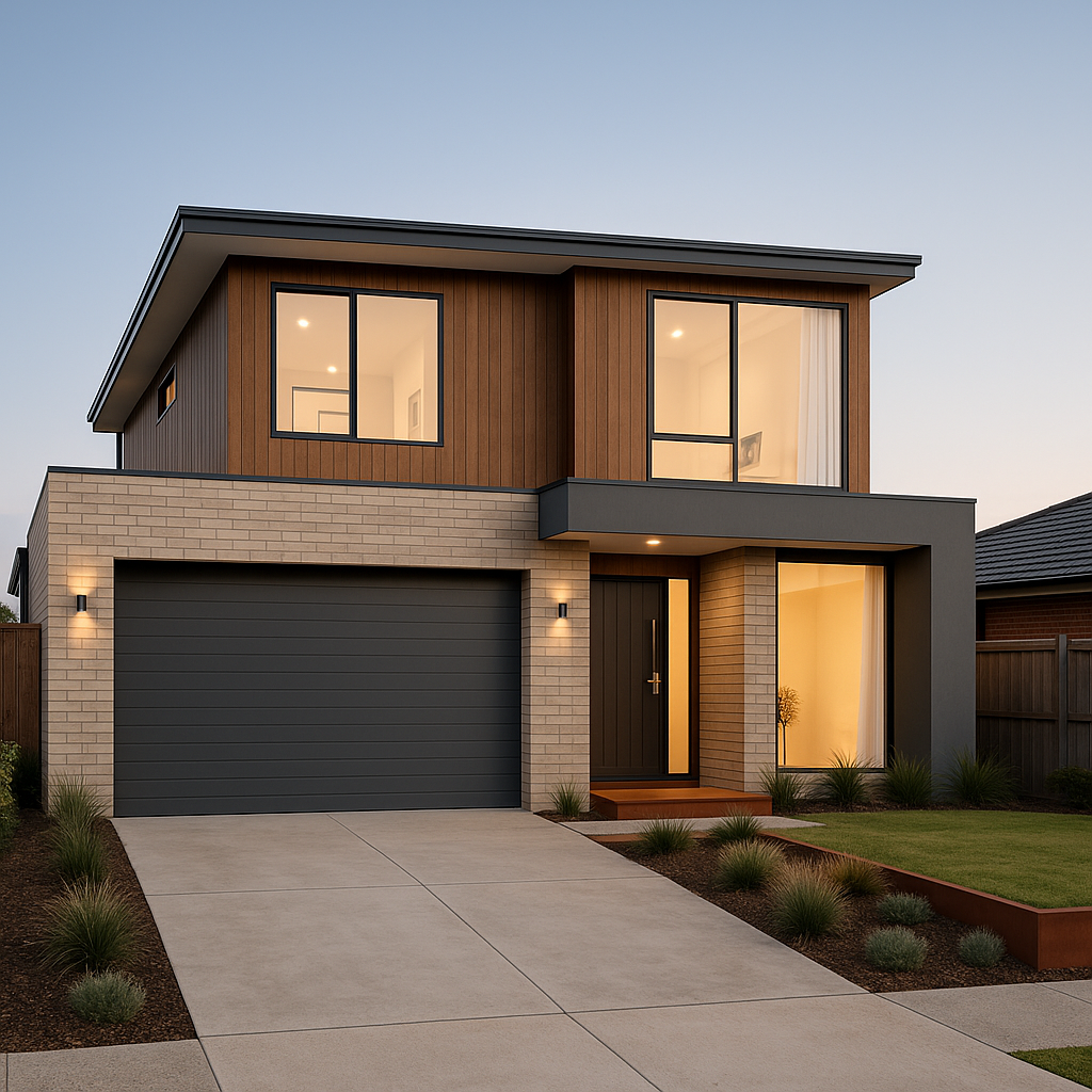 Modern two-story house with wood and brick exterior, large windows, a double garage, and front lawn with landscaping.