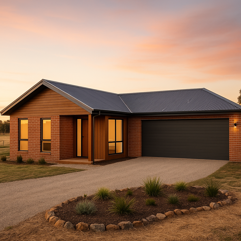 Single-story brick house with a dark metal roof, large garage door, and a landscaped front yard at sunset.