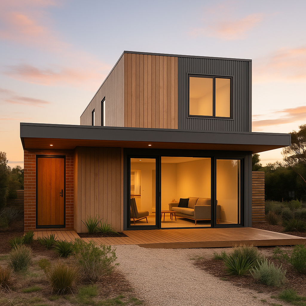 Modern two-story house with wood and dark panel exterior at sunset, showing warm-lit living room through large glass doors.