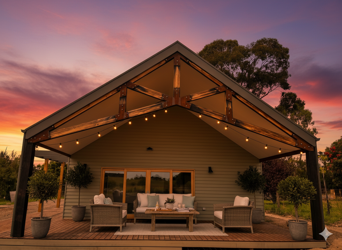 Cozy outdoor patio with wicker furniture, wooden table, and string lights under a wooden pergola at sunset.