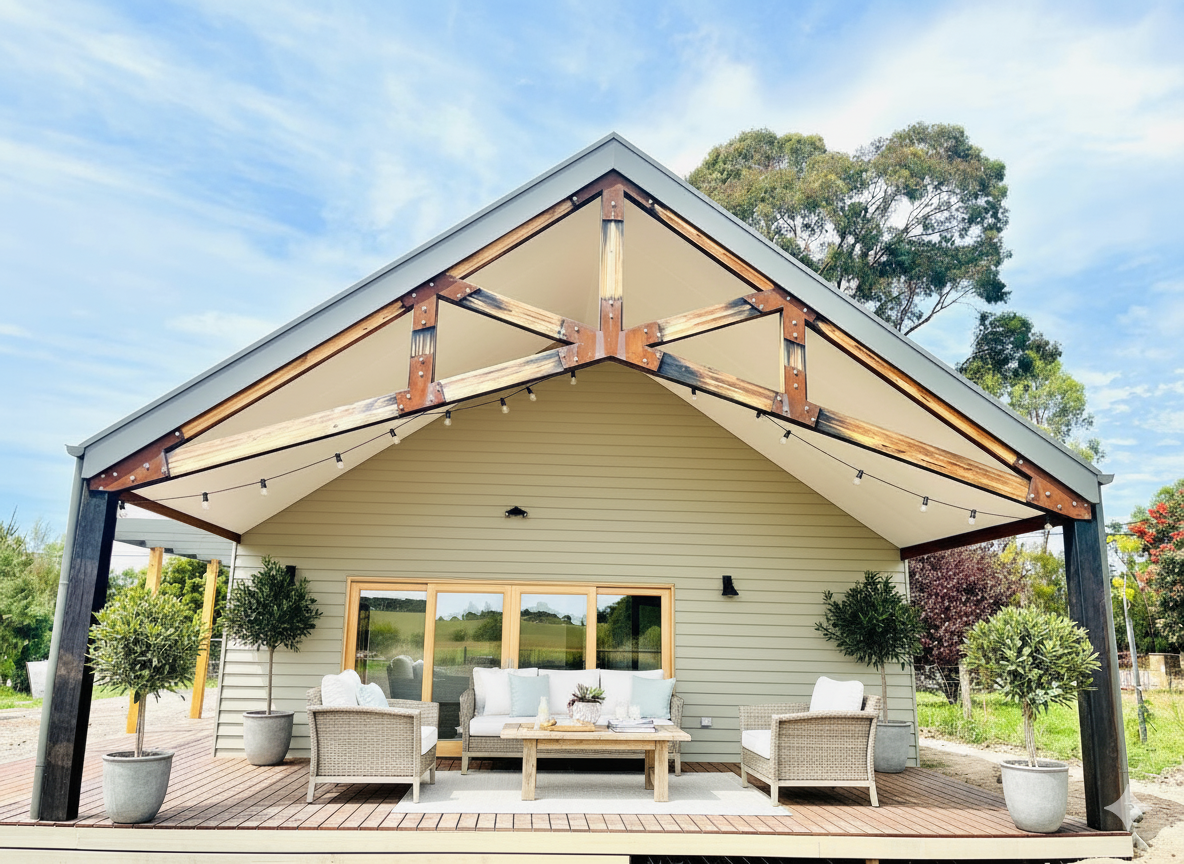 Outdoor patio space with wooden deck, beige siding wall, wicker furniture set with cushions and small potted trees under a pitched roof with exposed wooden beams.