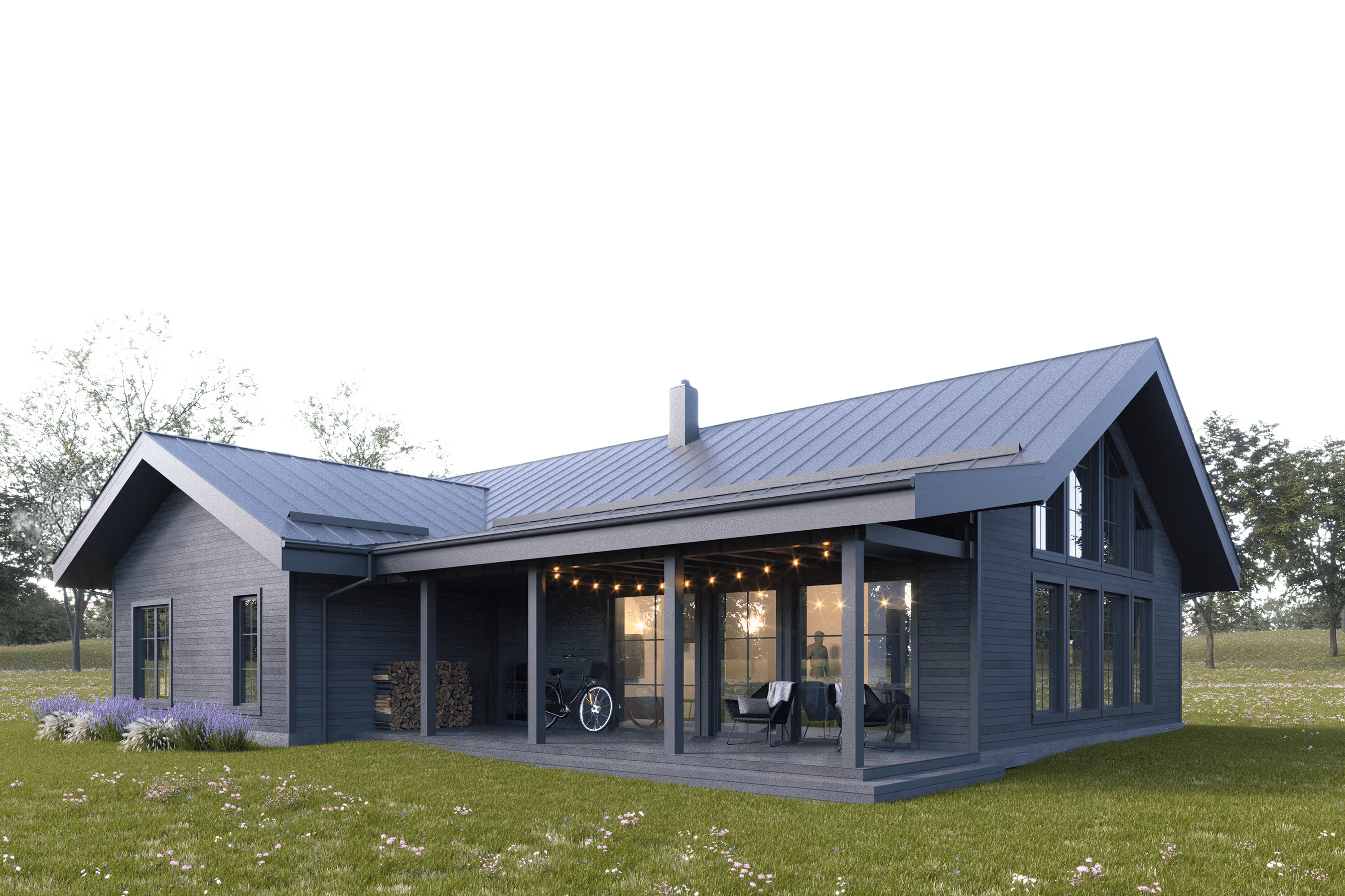 Modern gray house with a metal roof, large windows, and a covered patio with string lights and outdoor seating, surrounded by grass and trees.