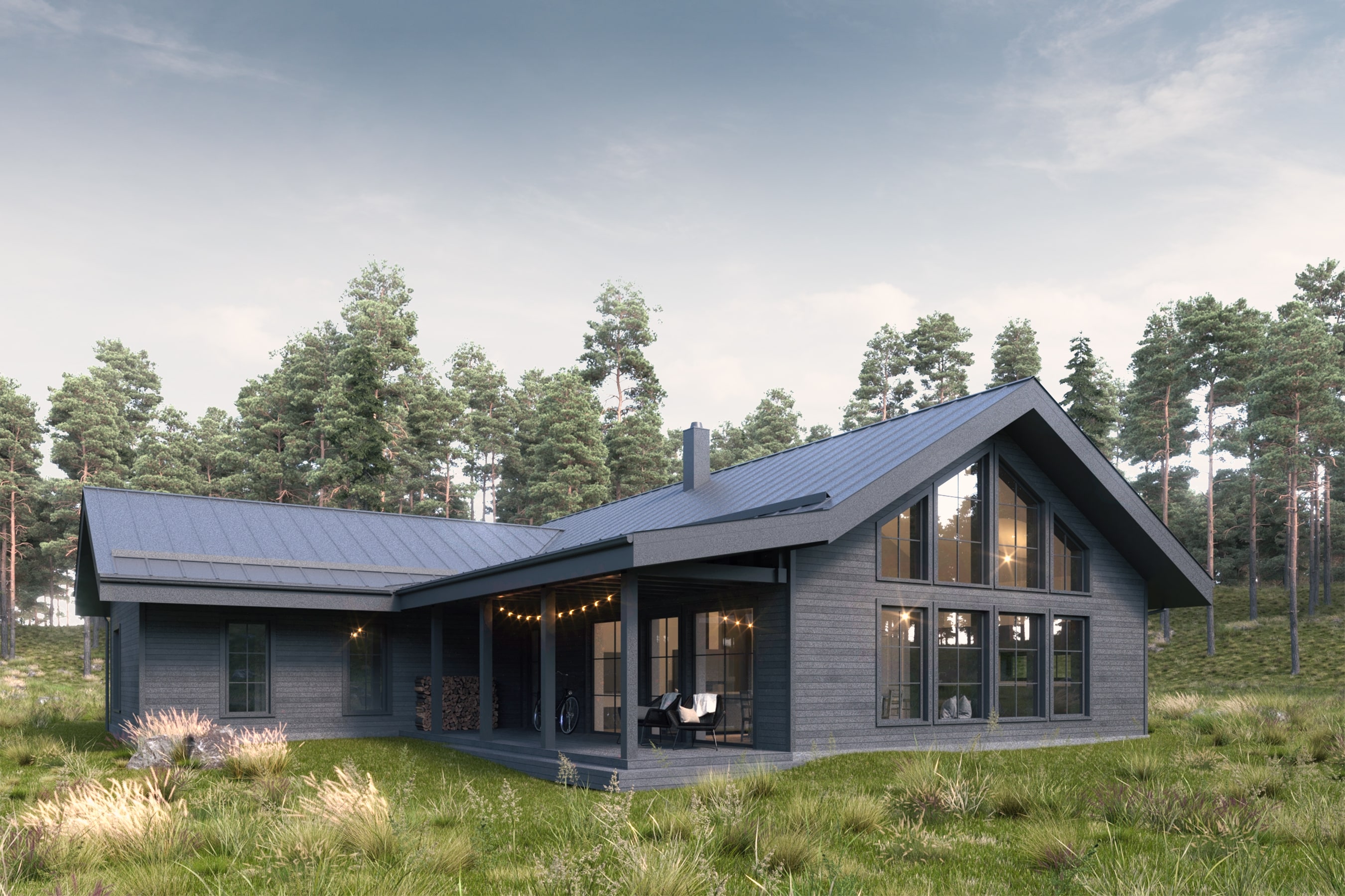 Modern dark gray cabin with large windows, a covered porch with string lights, and forested landscape.