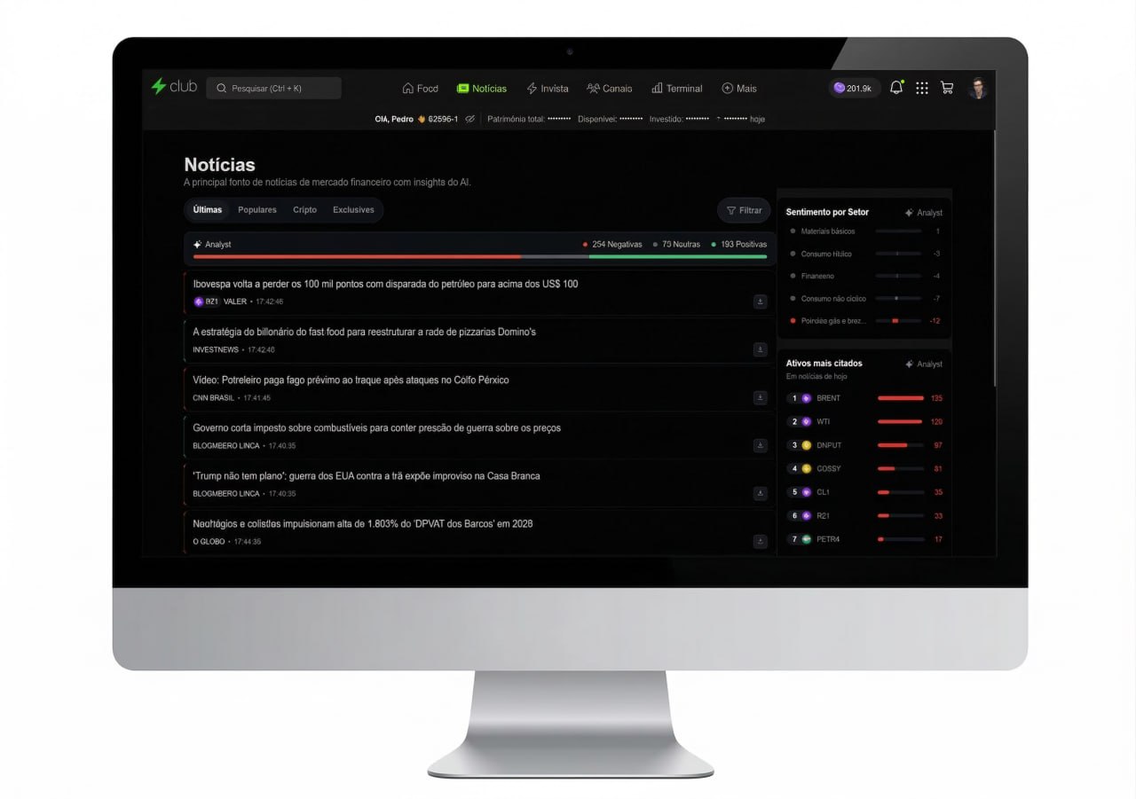 Interface do Notícias com AI da Traders mostrando barra de sentimento da Analyst, sentimento por setor e ativos mais citados em tempo real