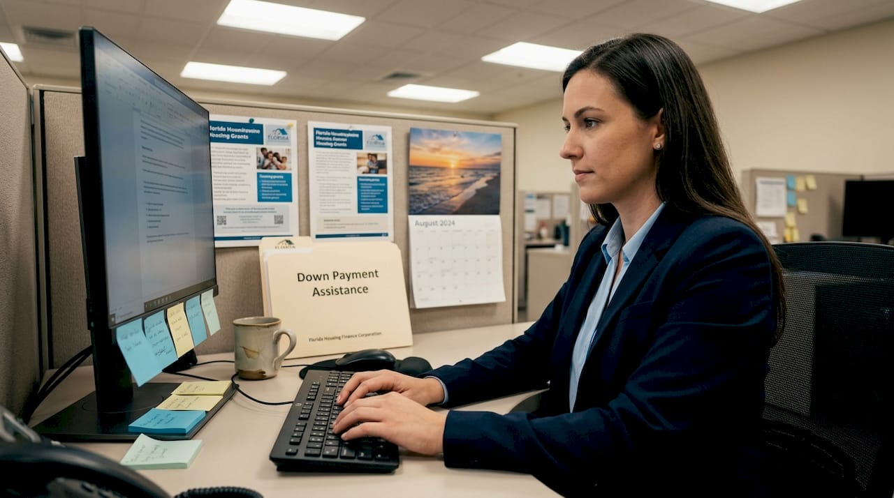 Staff member processing housing grant paperwork