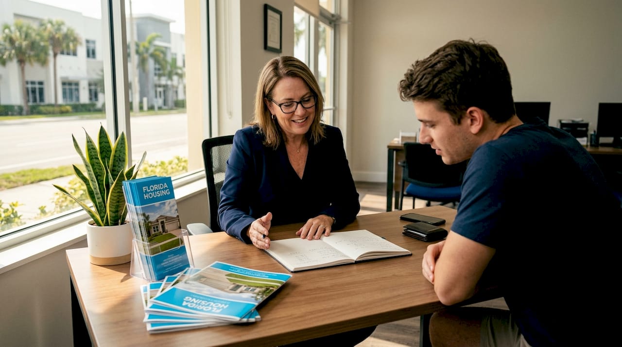 Mortgage advisor and client discussing options in office