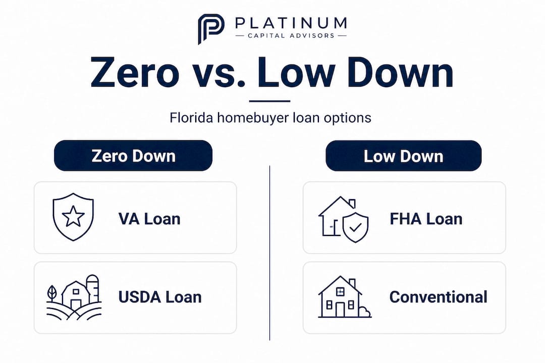 Infographic comparing zero and low down payment mortgage types
