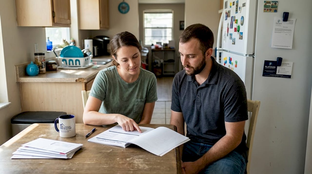 Homebuyers reviewing inspection report at table