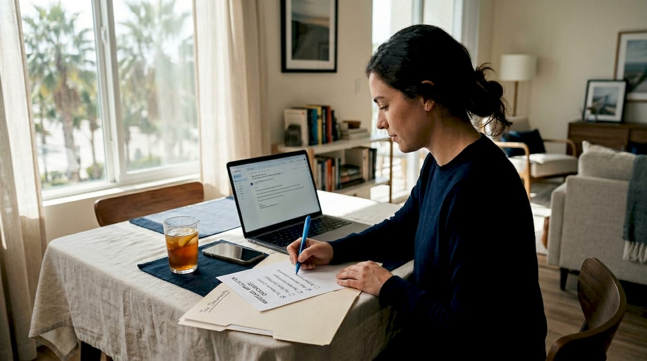 Homebuyer reviewing documents at dining table