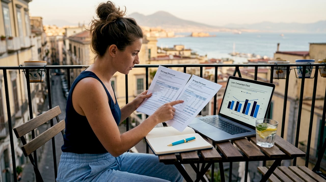 Woman comparing two mortgage loan documents