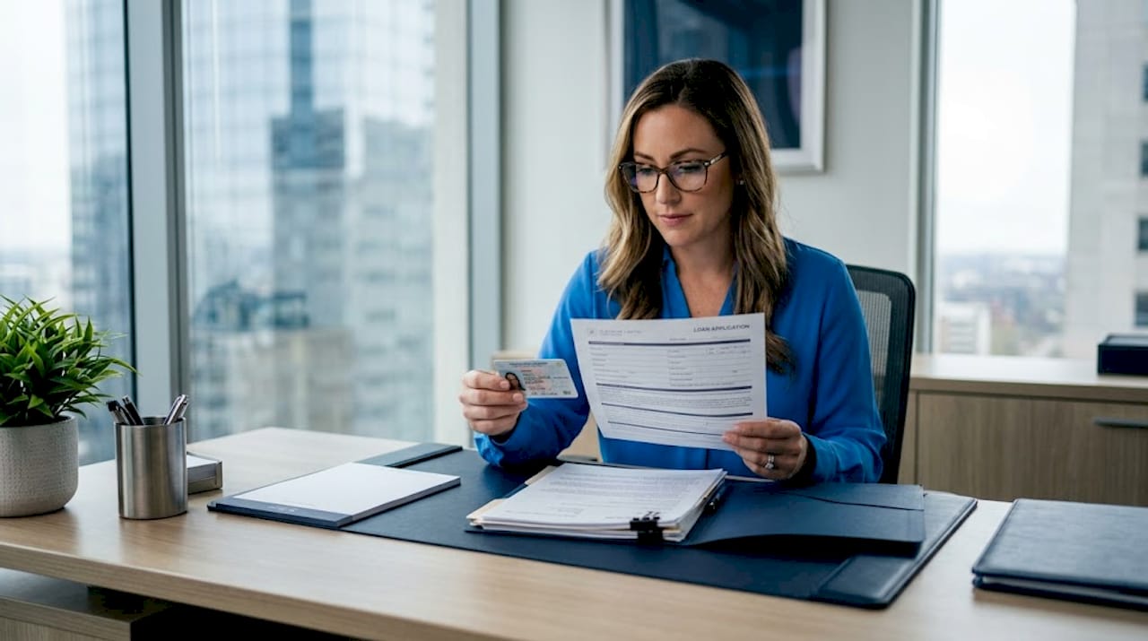 Loan officer checks identification on application