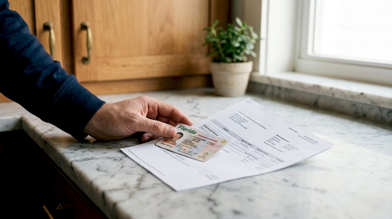 Hand showing residency documents on desk