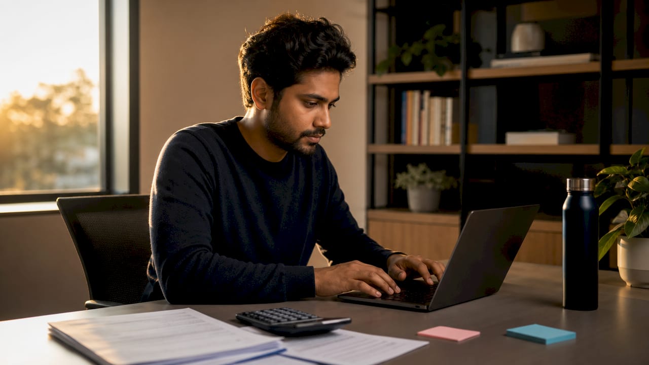 Man processing mortgage payments in office