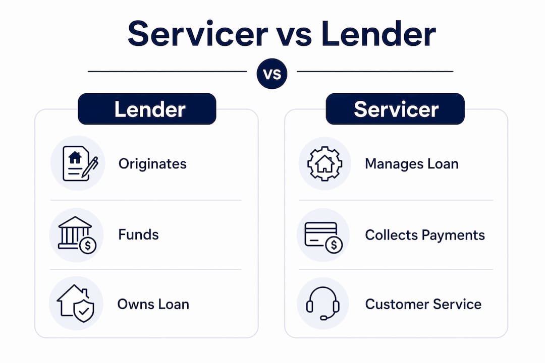 Infographic comparing mortgage servicer and lender roles