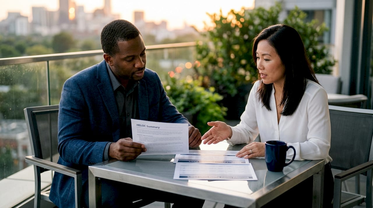 Hands exchanging loan comparison documents