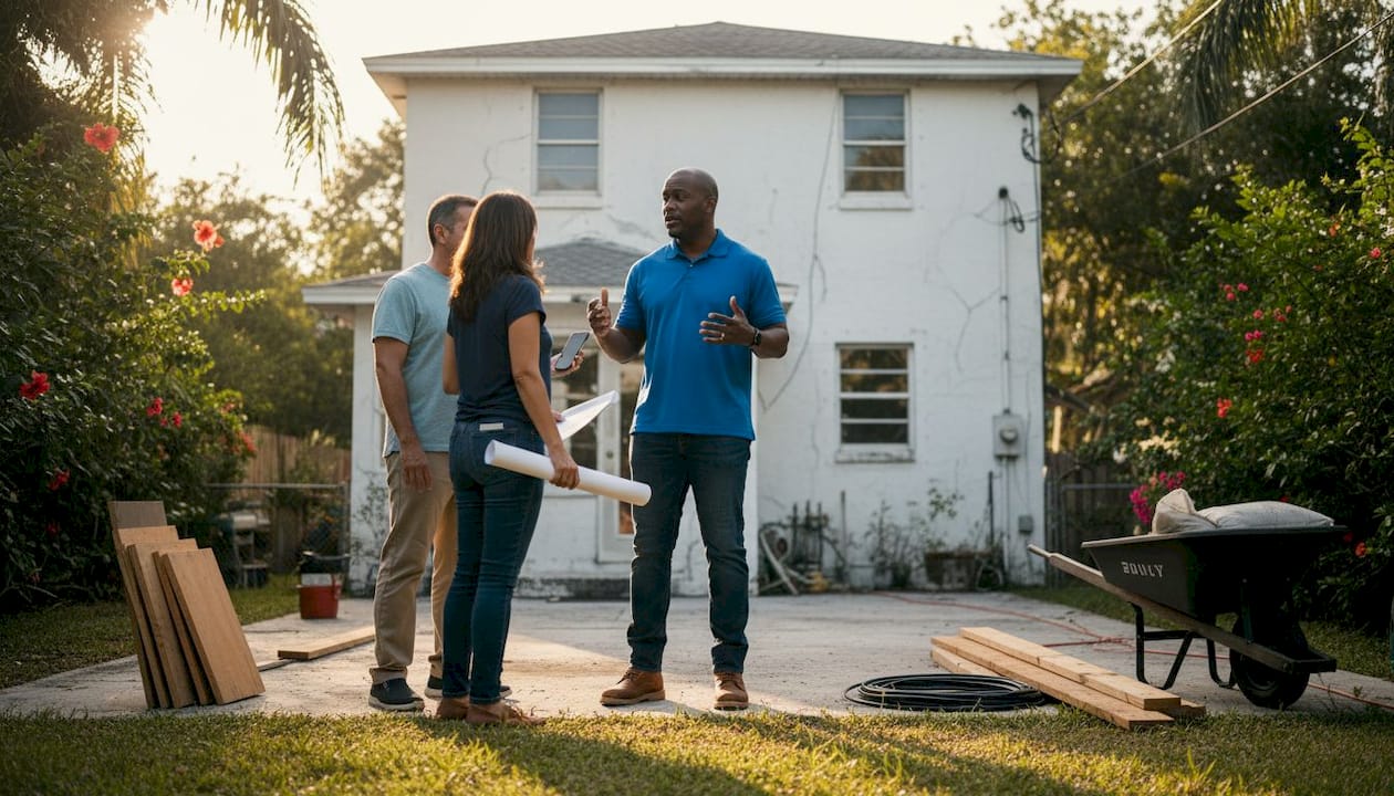 Contractor discussing renovation plans with couple
