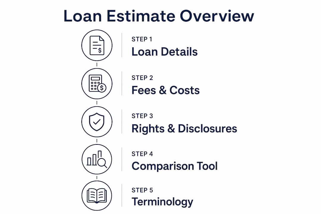 Infographic illustrating loan estimate steps and key sections