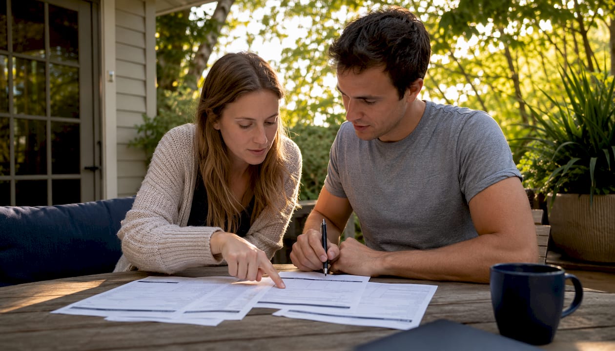 Couple comparing loan estimate fees in library study room
