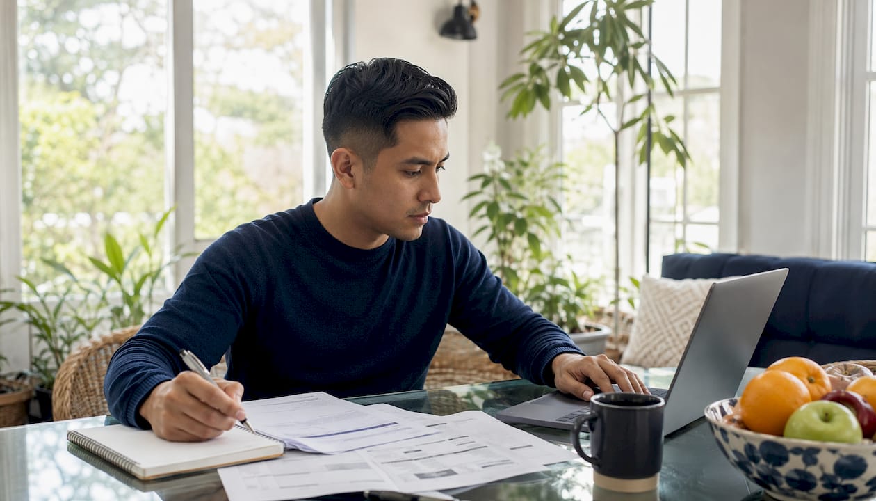 Man reviewing mortgage loan qualification at home