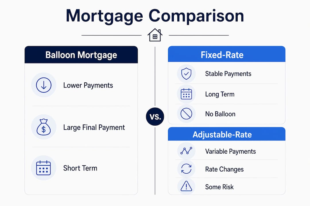 Infographic comparing balloon, fixed-rate, and adjustable-rate mortgages